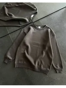 Kadın Bisiklet Yaka 3 İplik Pamuklu Basic Sweatshirt - Füme
