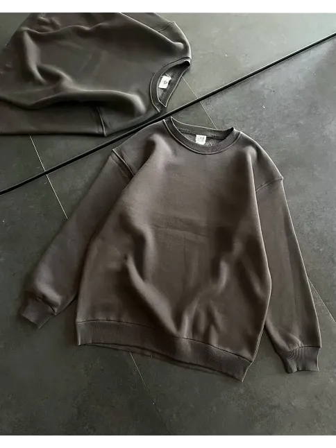 Kadın Bisiklet Yaka 3 İplik Pamuklu Basic Sweatshirt - Füme