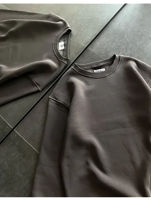 Kadın Bisiklet Yaka 3 İplik Pamuklu Basic Sweatshirt - Füme