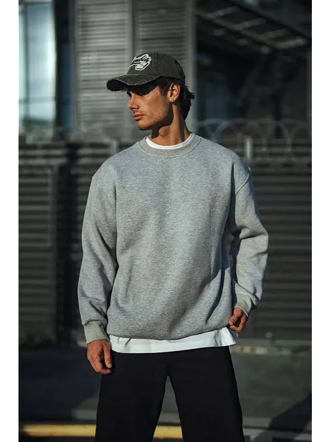 Erkek Kışlık Bisiklet Yaka 3 İplik Basic Sweatshirt - Gri