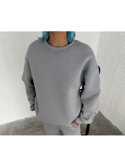 Kadın Bisiklet Yaka 3 İplik Pamuklu Basic Sweatshirt - Gri
