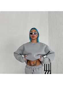 Kadın Bisiklet Yaka 3 İplik Pamuklu Basic Sweatshirt - Gri
