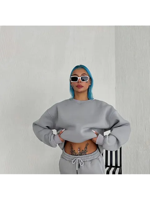 Kadın Bisiklet Yaka 3 İplik Pamuklu Basic Sweatshirt - Gri