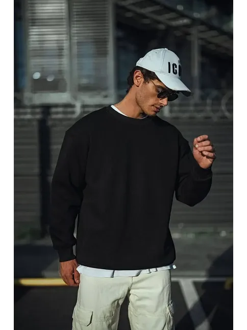 Erkek Pamuklu Bisiklet Yaka 3 İplik Basic Sweatshirt - Siyah