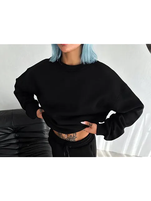 Kadın Bisiklet Yaka 3 İplik Pamuklu Basic Sweatshirt - Siyah