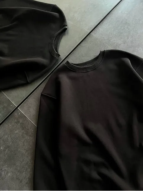 Kadın Bisiklet Yaka 3 İplik Pamuklu Basic Sweatshirt - Siyah