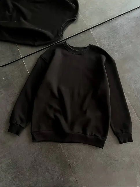 Kadın Bisiklet Yaka 3 İplik Pamuklu Basic Sweatshirt - Siyah