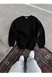 Kadın Bisiklet Yaka 3 İplik Pamuklu Basic Sweatshirt - Siyah