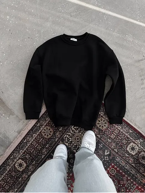 Kadın Bisiklet Yaka 3 İplik Pamuklu Basic Sweatshirt - Siyah