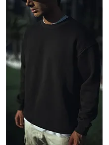 Erkek Pamuklu Bisiklet Yaka 3 İplik Basic Sweatshirt - Siyah