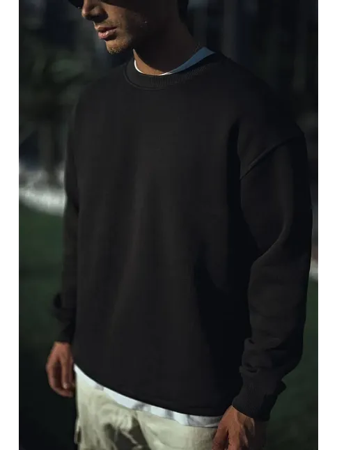 Erkek Pamuklu Bisiklet Yaka 3 İplik Basic Sweatshirt - Siyah