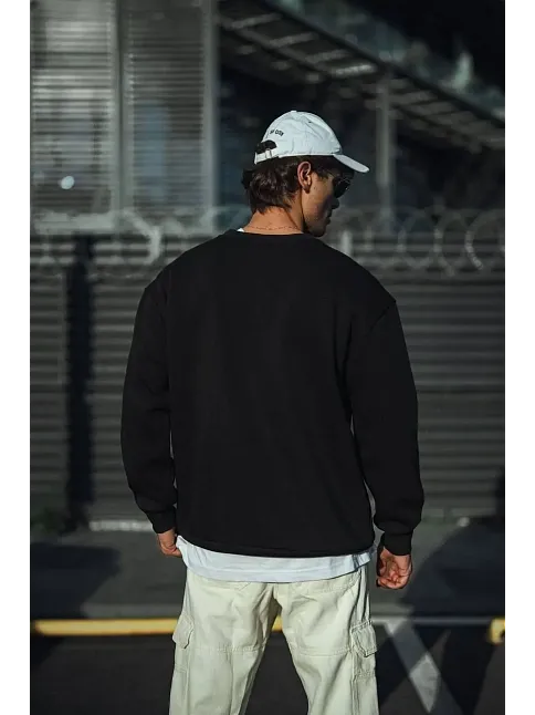 Erkek Pamuklu Bisiklet Yaka 3 İplik Basic Sweatshirt - Siyah