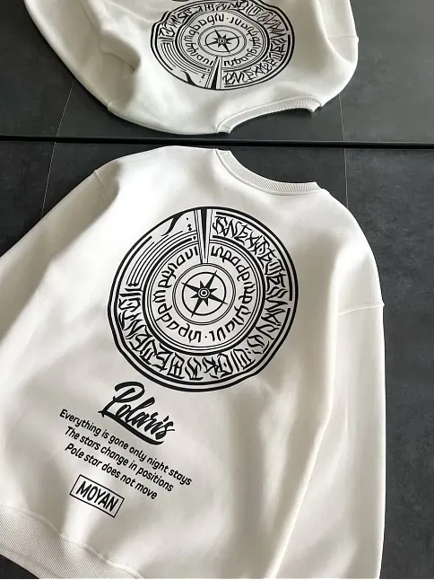 Kadın 3 İplik Pamuklu Bisiklet Yaka Baskılı Sweatshirt - Beyaz