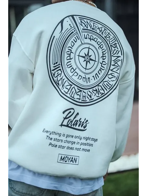 Erkek 3 İplik Pamuklu Bisiklet Yaka Ön Ve Arka Baskılı Sweatshirt - Beyaz