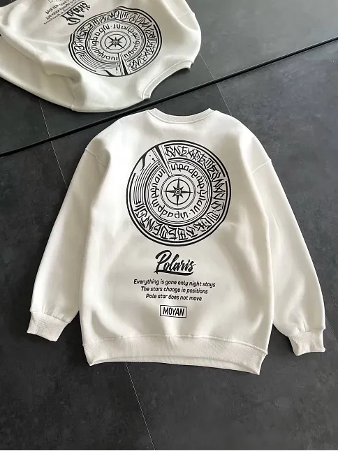 Kadın 3 İplik Pamuklu Bisiklet Yaka Baskılı Sweatshirt - Beyaz