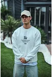 Erkek 3 İplik Pamuklu Bisiklet Yaka Ön Ve Arka Baskılı Sweatshirt - Beyaz