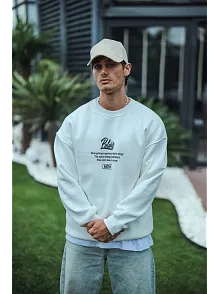 Erkek 3 İplik Pamuklu Bisiklet Yaka Ön Ve Arka Baskılı Sweatshirt - Beyaz