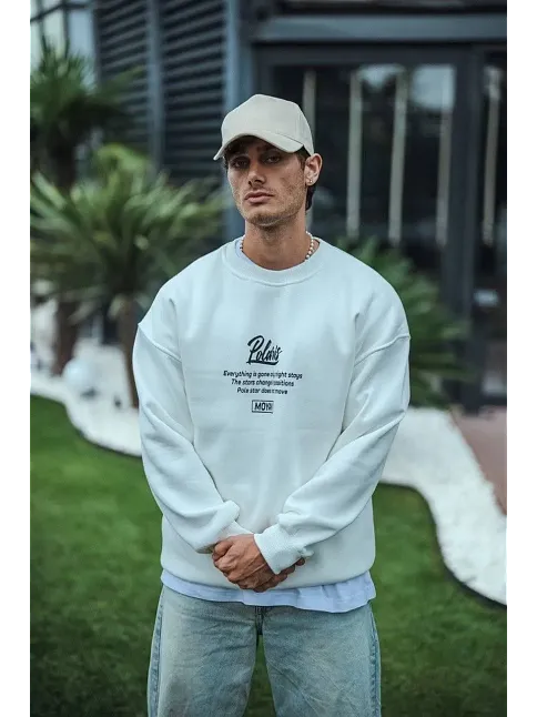 Erkek 3 İplik Pamuklu Bisiklet Yaka Ön Ve Arka Baskılı Sweatshirt - Beyaz