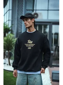 Erkek 3 İplik Pamuklu Bisiklet Yaka Ön Ve Arka Baskılı Sweatshirt - Siyah