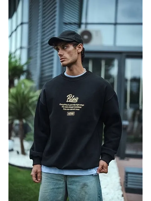 Erkek 3 İplik Pamuklu Bisiklet Yaka Ön Ve Arka Baskılı Sweatshirt - Siyah
