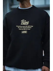 Erkek 3 İplik Pamuklu Bisiklet Yaka Ön Ve Arka Baskılı Sweatshirt - Siyah