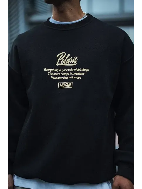 Erkek 3 İplik Pamuklu Bisiklet Yaka Ön Ve Arka Baskılı Sweatshirt - Siyah