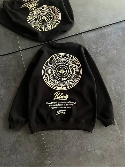 Kadın 3 İplik Pamuklu Bisiklet Yaka Baskılı Sweatshirt - Siyah