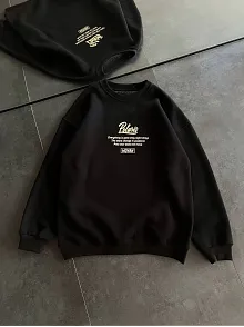 Kadın 3 İplik Pamuklu Bisiklet Yaka Baskılı Sweatshirt - Siyah
