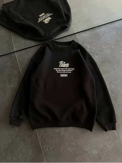 Kadın 3 İplik Pamuklu Bisiklet Yaka Baskılı Sweatshirt - Siyah