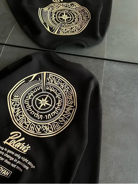 Kadın 3 İplik Pamuklu Bisiklet Yaka Baskılı Sweatshirt - Siyah