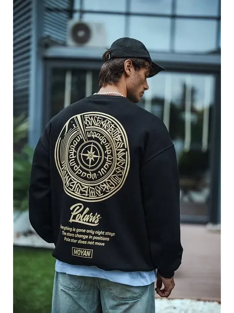 Erkek 3 İplik Pamuklu Bisiklet Yaka Ön Ve Arka Baskılı Sweatshirt - Siyah