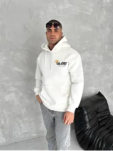 Erkek Kapüşonlu Kanguru Cepli Sweatshirt 3 İplik Pamuklu Baskılı Hoodie - Beyaz