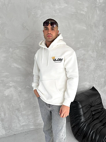 Erkek Kapüşonlu Kanguru Cepli Sweatshirt 3 İplik Pamuklu Baskılı Hoodie - Beyaz
