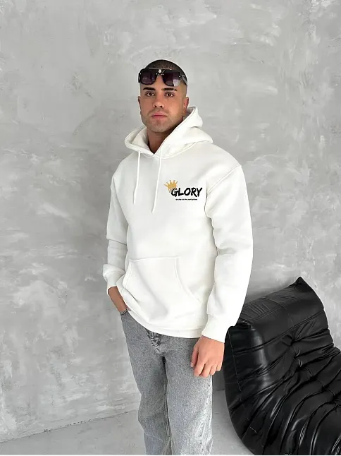 Erkek Kapüşonlu Kanguru Cepli Sweatshirt 3 İplik Pamuklu Baskılı Hoodie - Beyaz