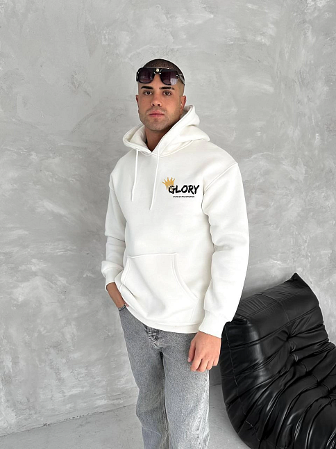 Erkek Kapüşonlu Kanguru Cepli Sweatshirt 3 İplik Pamuklu Baskılı Hoodie - Beyaz