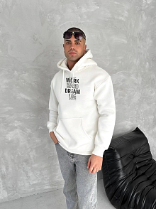 Erkek Kapüşonlu Kanguru Cepli Sweatshirt 3 İplik Pamuklu Baskılı Hoodie - Beyaz