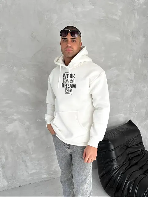 Erkek Kapüşonlu Kanguru Cepli Sweatshirt 3 İplik Pamuklu Baskılı Hoodie - Beyaz
