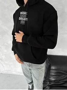Erkek Kapüşonlu Kanguru Cepli Sweatshirt 3 İplik Pamuklu Baskılı Hoodie - Siyah