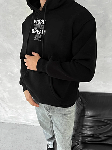 Erkek Kapüşonlu Kanguru Cepli Sweatshirt 3 İplik Pamuklu Baskılı Hoodie - Siyah