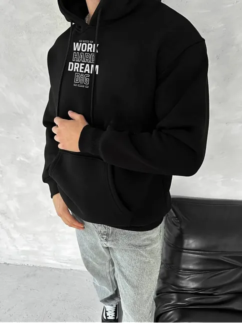 Erkek Kapüşonlu Kanguru Cepli Sweatshirt 3 İplik Pamuklu Baskılı Hoodie - Siyah