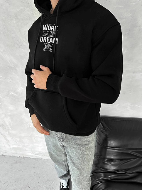 Erkek Kapüşonlu Kanguru Cepli Sweatshirt 3 İplik Pamuklu Baskılı Hoodie - Siyah