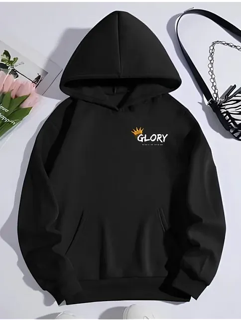 Kadın Oversize Kapüşonlu Kanguru Cepli Baskılı 3 İplik Pamuklu Sweatshirt Hoodie -   Siyah