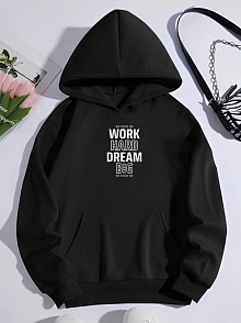 Kadın Oversize Kapüşonlu Cepli Baskılı 3 İplik Pamuklu Hoodie Sweatshirt - Siyah