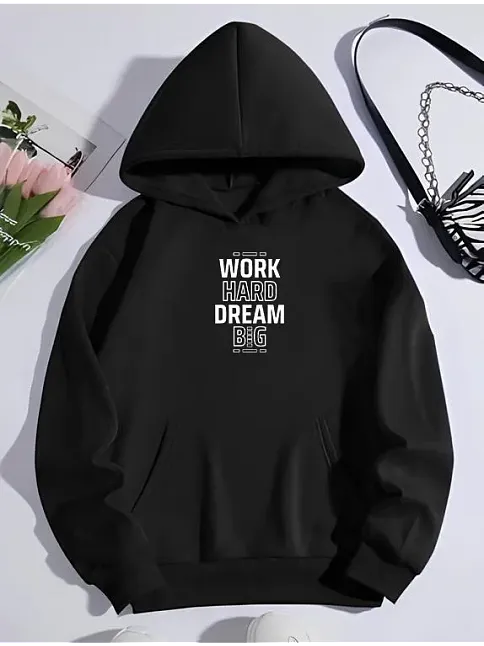Kadın Oversize Kapüşonlu Cepli Baskılı 3 İplik Pamuklu Hoodie Sweatshirt - Siyah