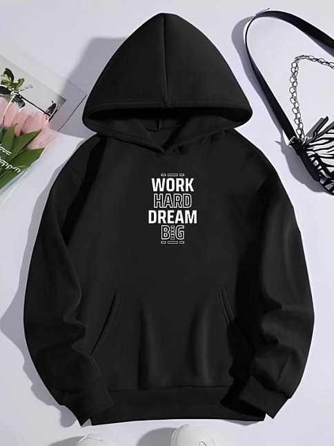 Kadın Oversize Kapüşonlu Cepli Baskılı 3 İplik Pamuklu Hoodie Sweatshirt - Siyah