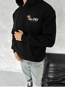 Erkek Kapüşonlu Kanguru Cepli Sweatshirt 3 İplik Pamuklu Baskılı Hoodie - Siyah