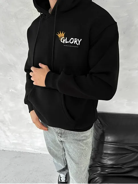 Erkek Kapüşonlu Kanguru Cepli Sweatshirt 3 İplik Pamuklu Baskılı Hoodie - Siyah