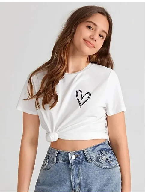 Kız Çocuk Bisiklet Yaka Baskılı T-shirt - Beyaz