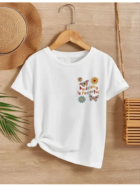 Kız Çocuk Bisiklet Yaka Baskılı T-shirt - Beyaz