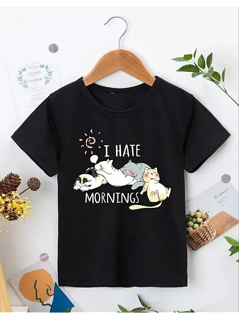 Kız Çocuk Bisiklet Yaka Baskılı T-shirt - Siyah